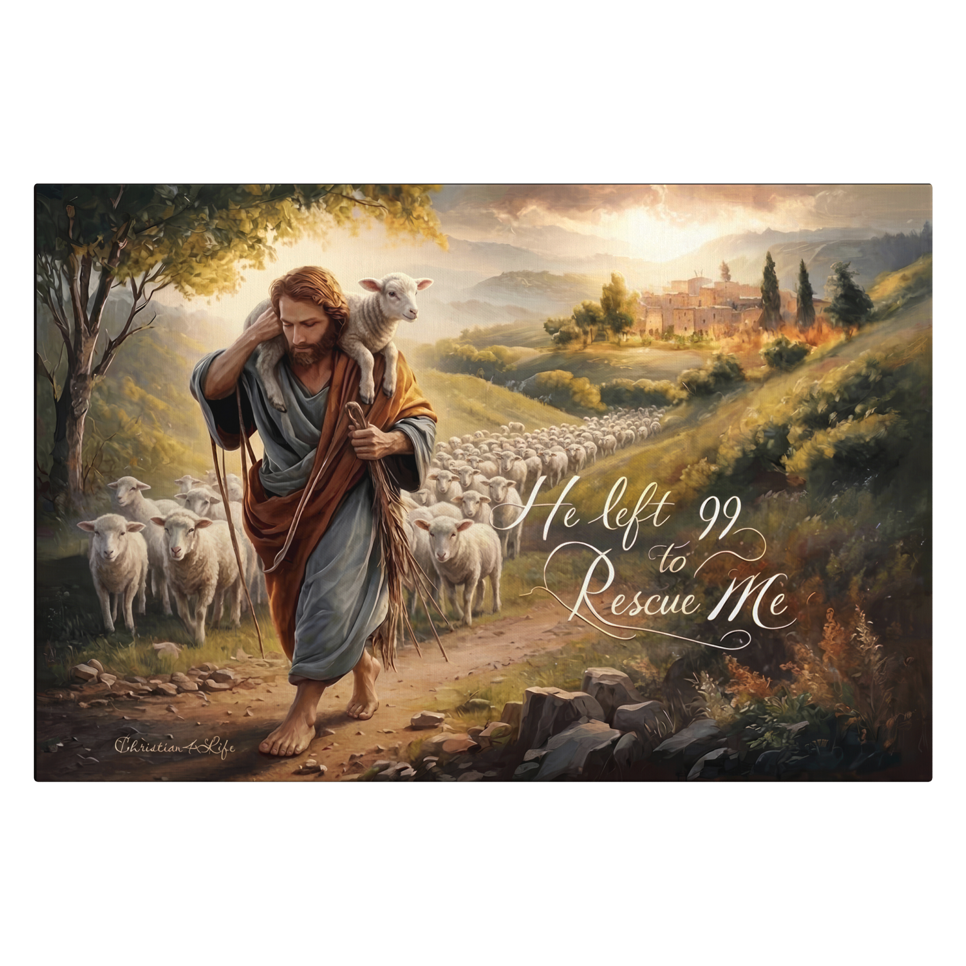 Shepherd holding sheep canvas