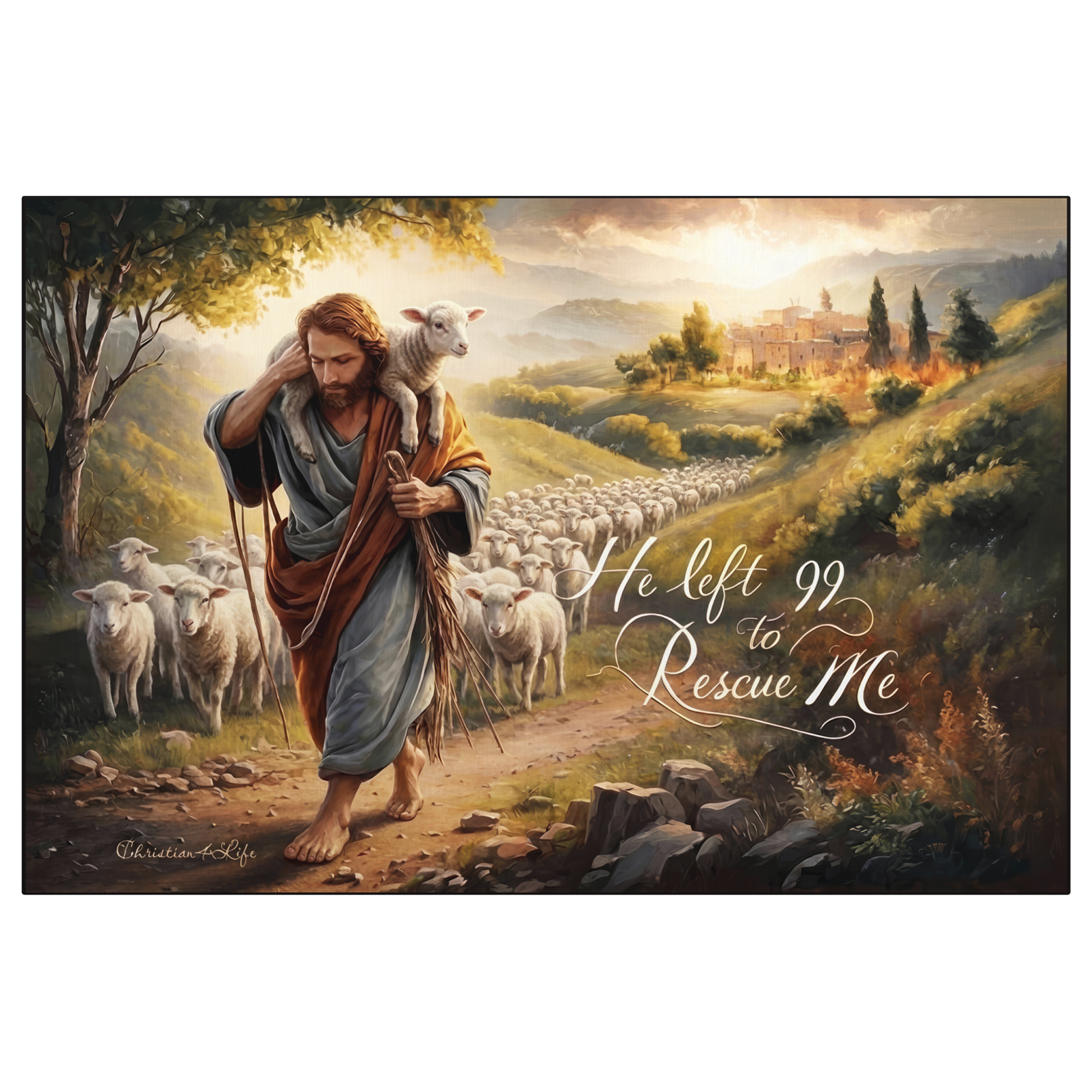 Painting of a shepherd with a lamb and a flock of sheep in a pastoral landscape.