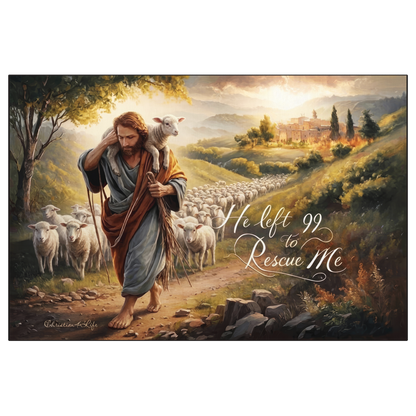 Painting of a shepherd with a lamb and a flock of sheep in a pastoral landscape.
