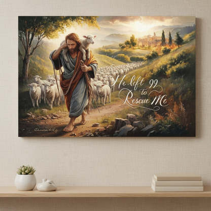 Canvas print of a religious scene with a shepherd and sheep on a wall above a shelf.