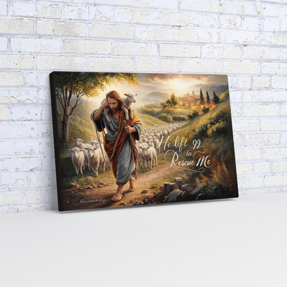 Canvas print of a shepherd with sheep and text on a white brick wall background