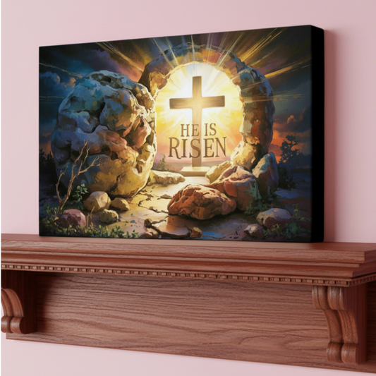 "He is Risen" - Open Tomb and Cross, Christian Gallery Wrapped Canvas, Easter Wall Art Print
