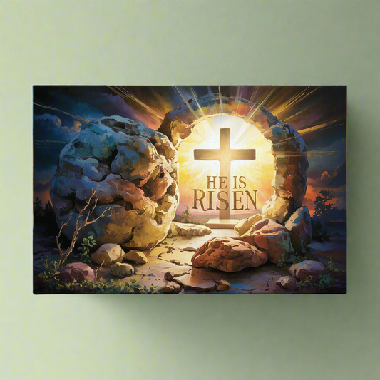 "He is Risen" - Open Tomb and Cross, Christian Gallery Wrapped Canvas, Easter Wall Art Print