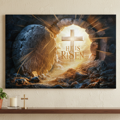 "He is Risen" -Open Tomb and Cross, Christian Gallery Wrapped Canvas, Easter Wall Art