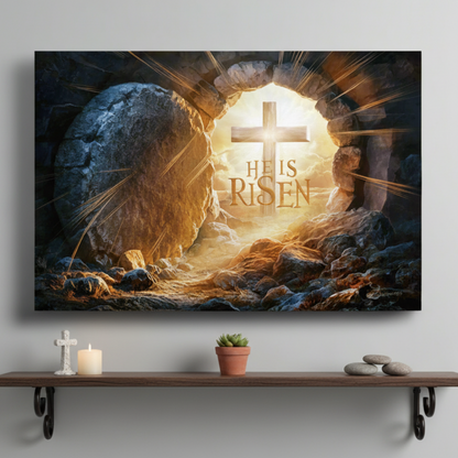 "He is Risen" -Open Tomb and Cross, Christian Gallery Wrapped Canvas, Easter Wall Art