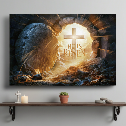 "He is Risen" -Open Tomb and Cross, Christian Gallery Wrapped Canvas, Easter Wall Art