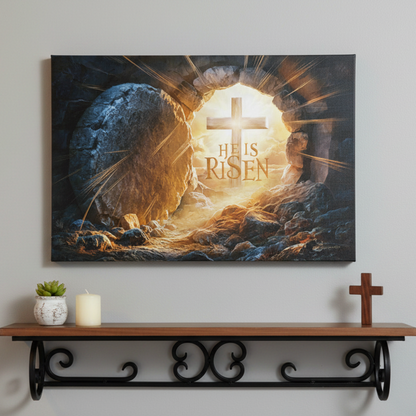 Easter-themed artwork with 'He is Risen' text on a wall above a shelf with decor items.