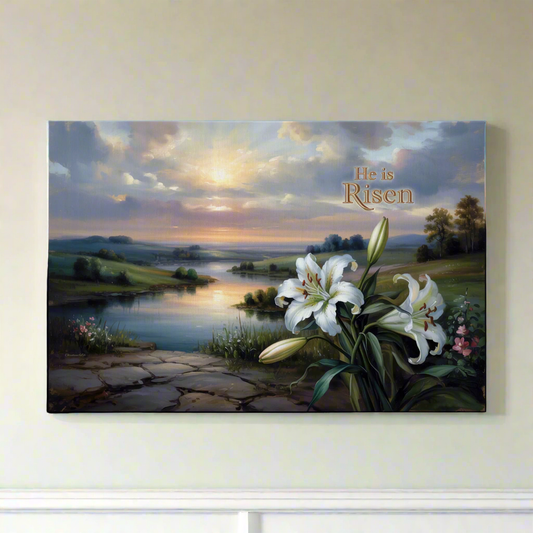 "He is Risen" - A serene sunrise landscape and lilies. Christian Easter wall art, Gallery wrapped Canvas Print