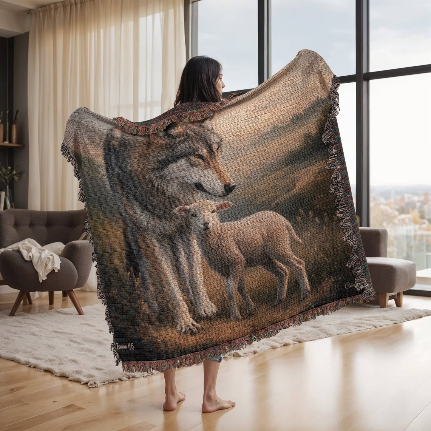 Wolf and Lamb Peaceful Christian Heirloom Woven Blanket Tapestry - Isaiah 11:6