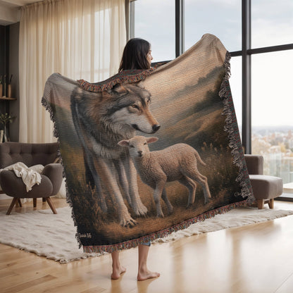 Wolf and Lamb Peaceful Christian Heirloom Woven Blanket Tapestry - Isaiah 11:6