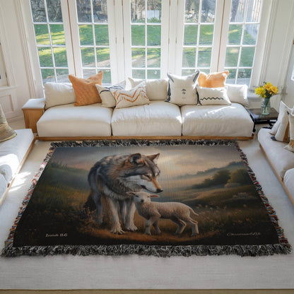 Wolf and Lamb Peaceful Christian Heirloom Woven Blanket Tapestry - Isaiah 11:6