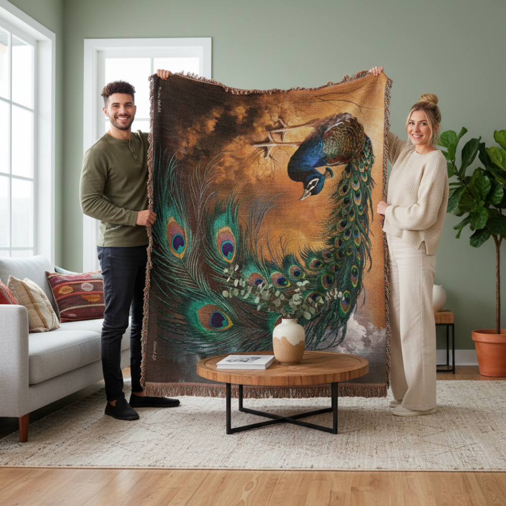 Peacock Heirloom Woven Blanket - Tapestry Decorative art print - a vibrant and elegant statement Peacock art piece