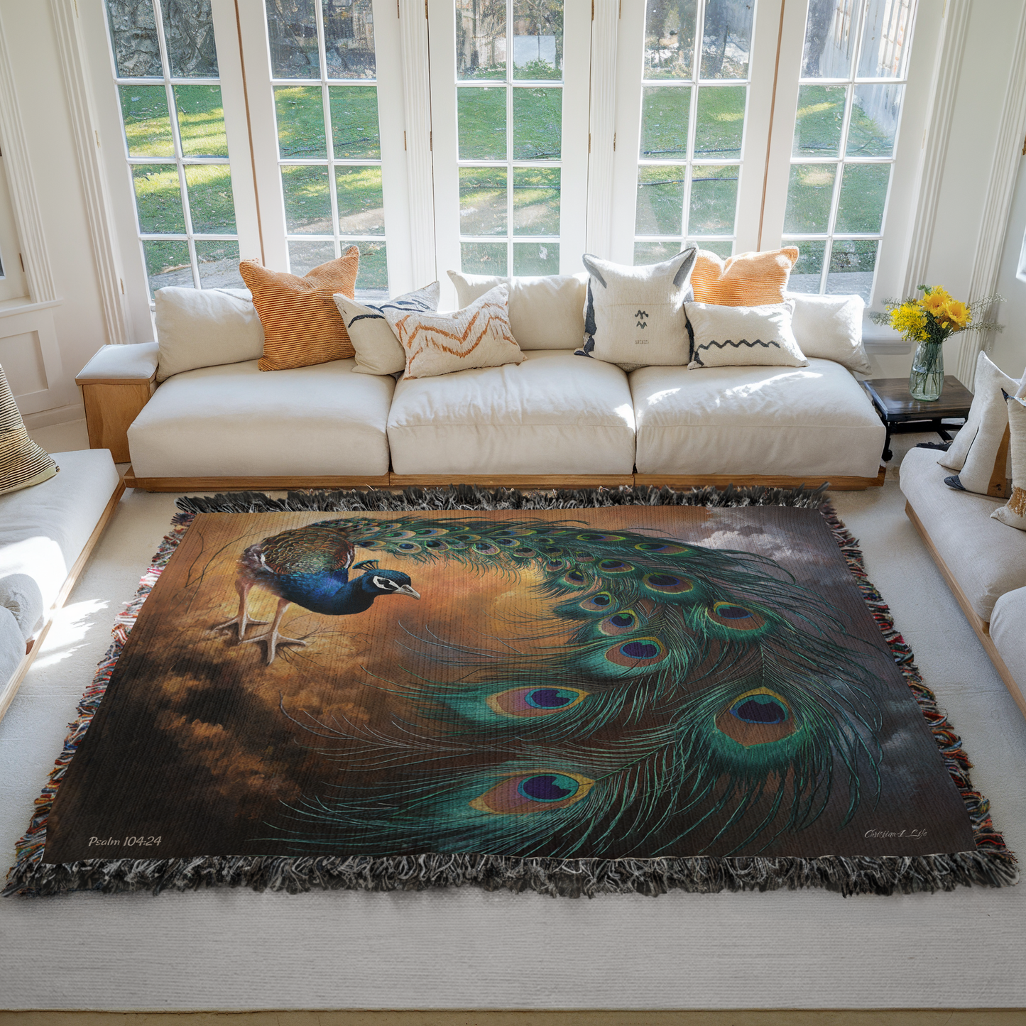 Peacock Heirloom Woven Blanket - Tapestry Decorative art print - a vibrant and elegant statement Peacock art piece