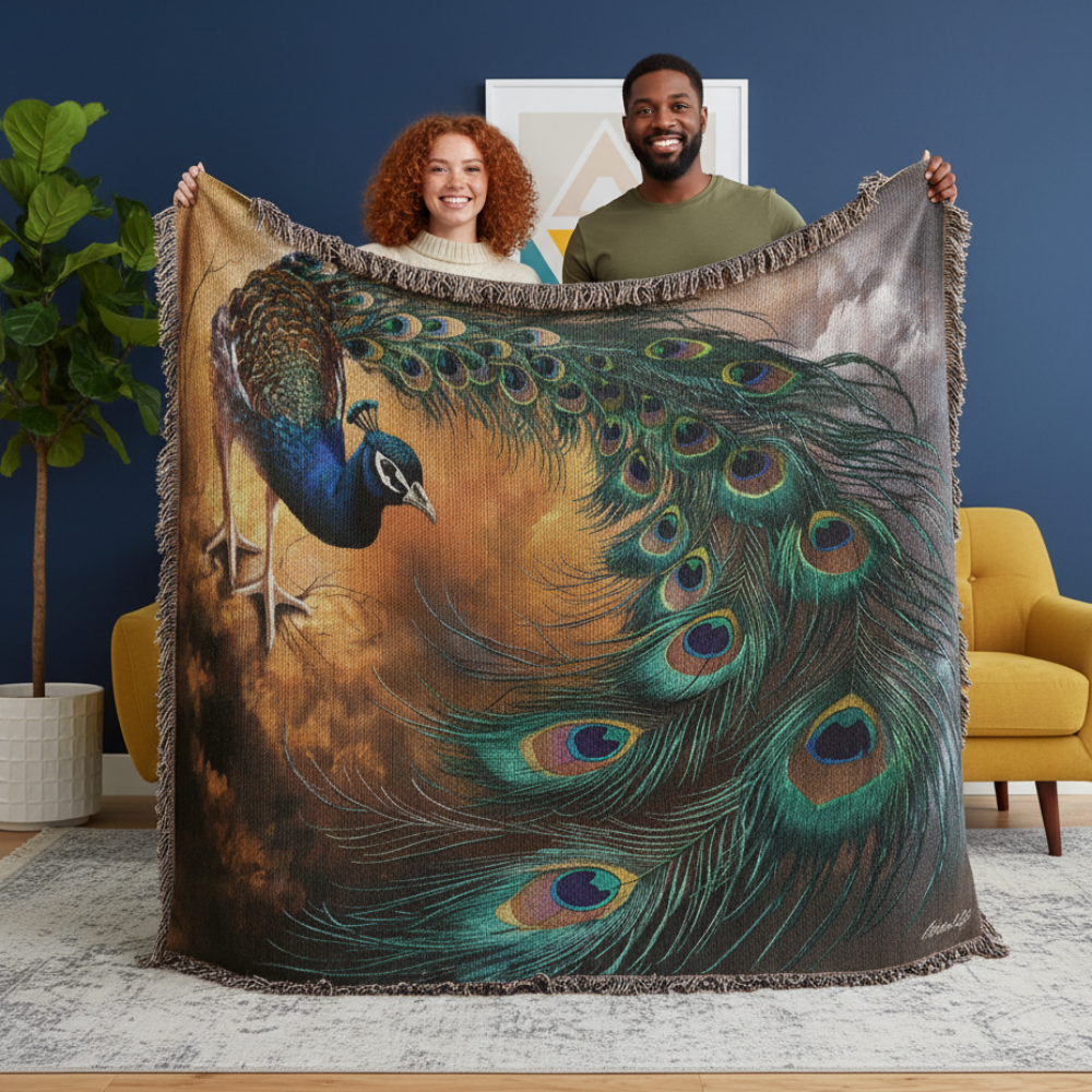 Peacock Heirloom Woven Blanket - Tapestry Decorative art print - a vibrant and elegant statement Peacock art piece