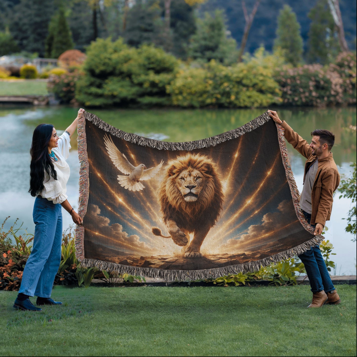 Lion of Judah, Holy Spirit, Clouds and Golden Rays- Heirloom Woven Blanket