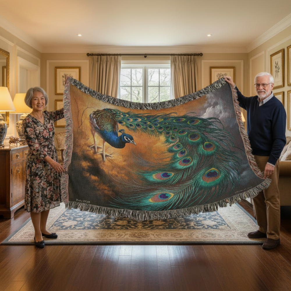 Peacock Heirloom Woven Blanket - Tapestry Decorative art print - a vibrant and elegant statement Peacock art piece