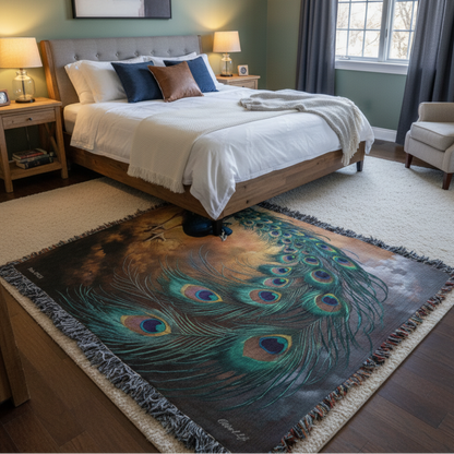 Peacock Heirloom Woven Blanket - Tapestry Decorative art print - a vibrant and elegant statement Peacock art piece