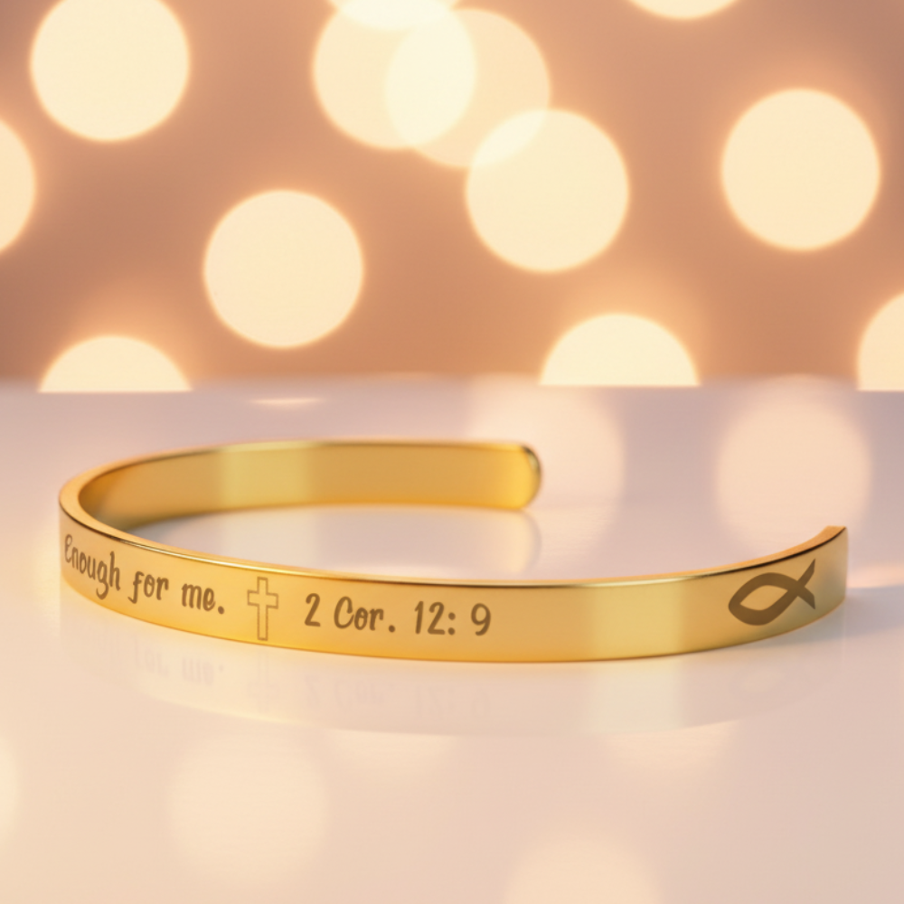 Gold bracelet with engraved text on a blurred lights background