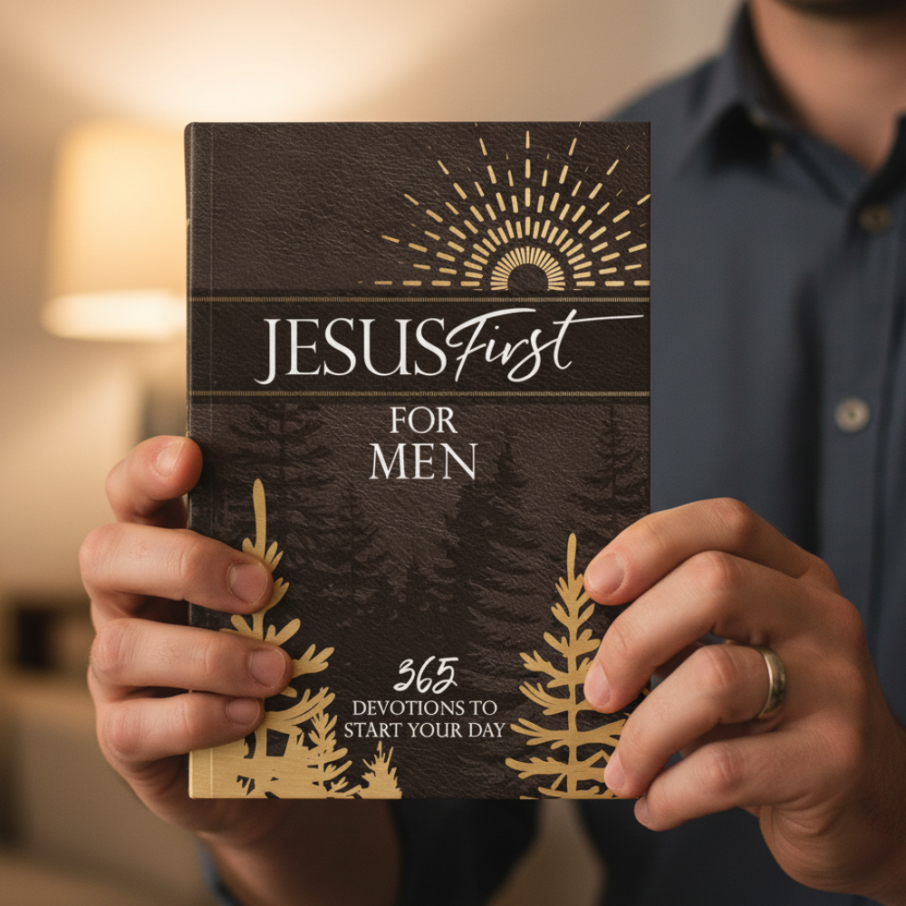 Person holding a book titled 'Jesus First for Men' with decorative cover design.