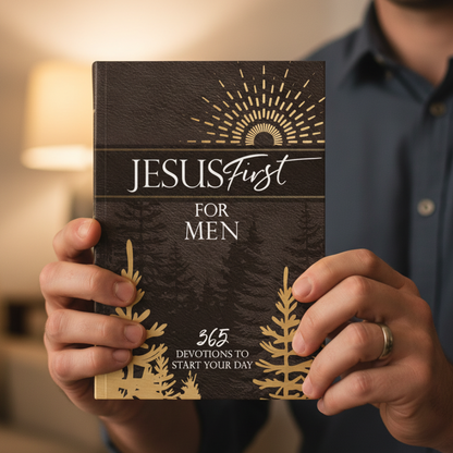 Person holding a book titled 'Jesus First for Men' with decorative cover design.
