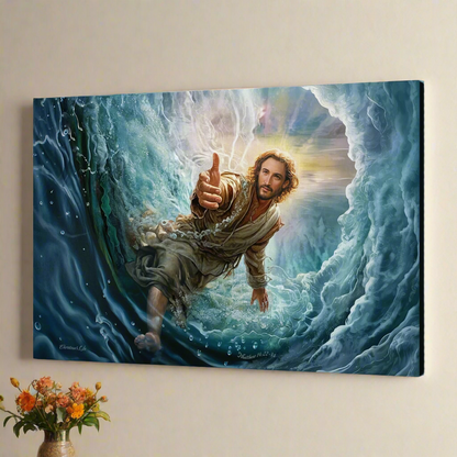 Jesus Reaches Down to Rescue and Lift You Out of the Water - Christian Gallery Wrapped Canvas Wall Art Print