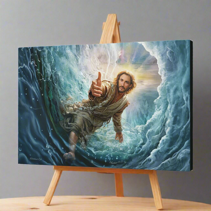 Jesus Reaches Down to Rescue and Lift You Out of the Water - Christian Gallery Wrapped Canvas Wall Art Print