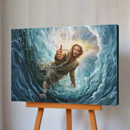 Jesus Reaches Down to Rescue and Lift You Out of the Water - Christian Gallery Wrapped Canvas Wall Art Print