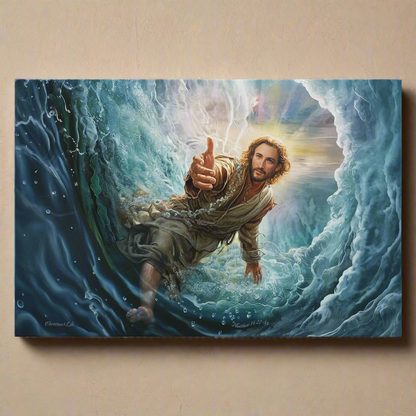 Jesus Reaches Down to Rescue and Lift You Out of the Water - Christian Gallery Wrapped Canvas Wall Art Print