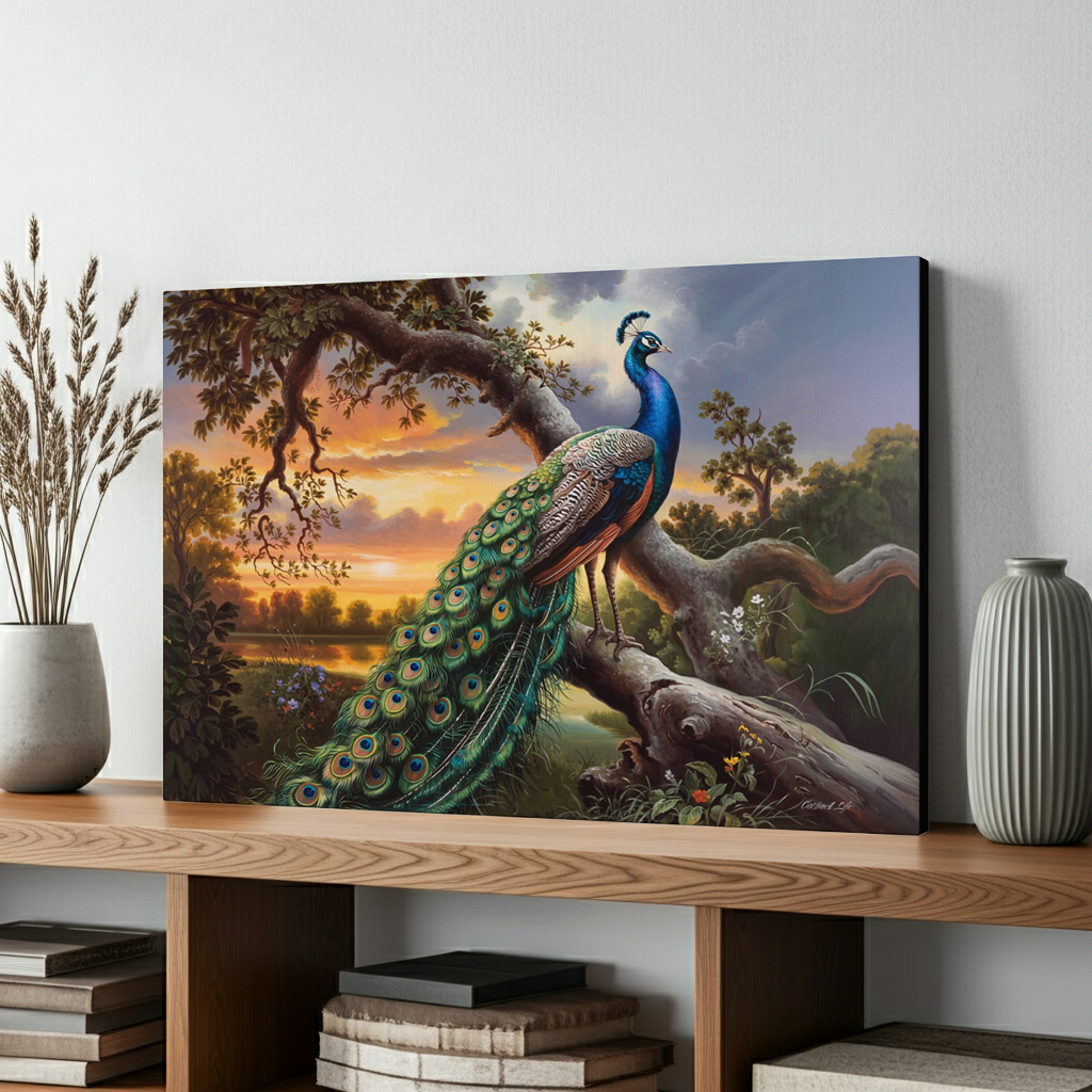 Canvas print of a peacock in a natural setting on a wooden shelf with decorative items.