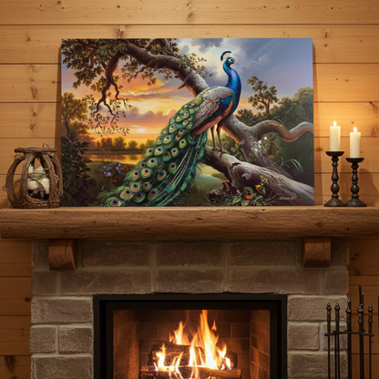 Peacock painting on a wooden mantelpiece above a fireplace