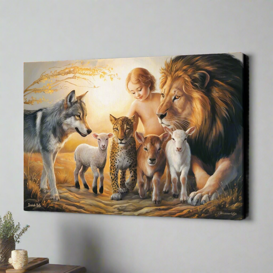 Canvas print of a diverse group of animals and a child against a sunset sky.