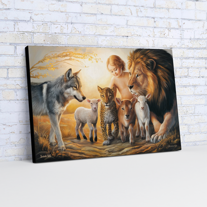 Canvas print of a diverse group of animals and a child against a brick wall.