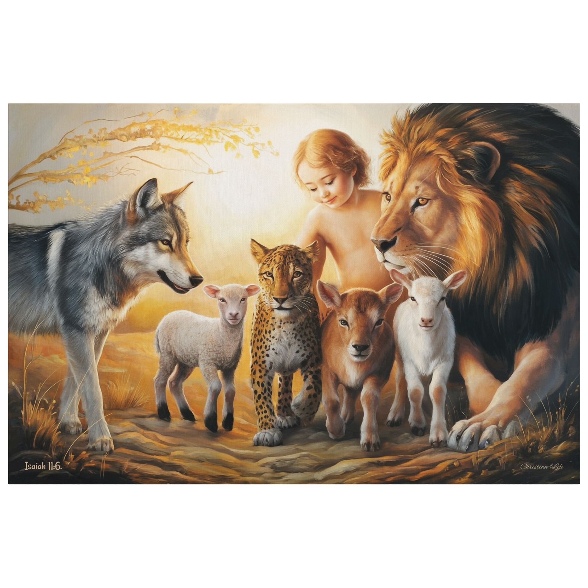 Painting of a child surrounded by a lion, wolf, leopard, deer, and sheep in a natural setting.