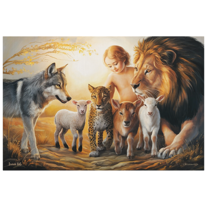 Painting of a child surrounded by a lion, wolf, leopard, deer, and sheep in a natural setting.