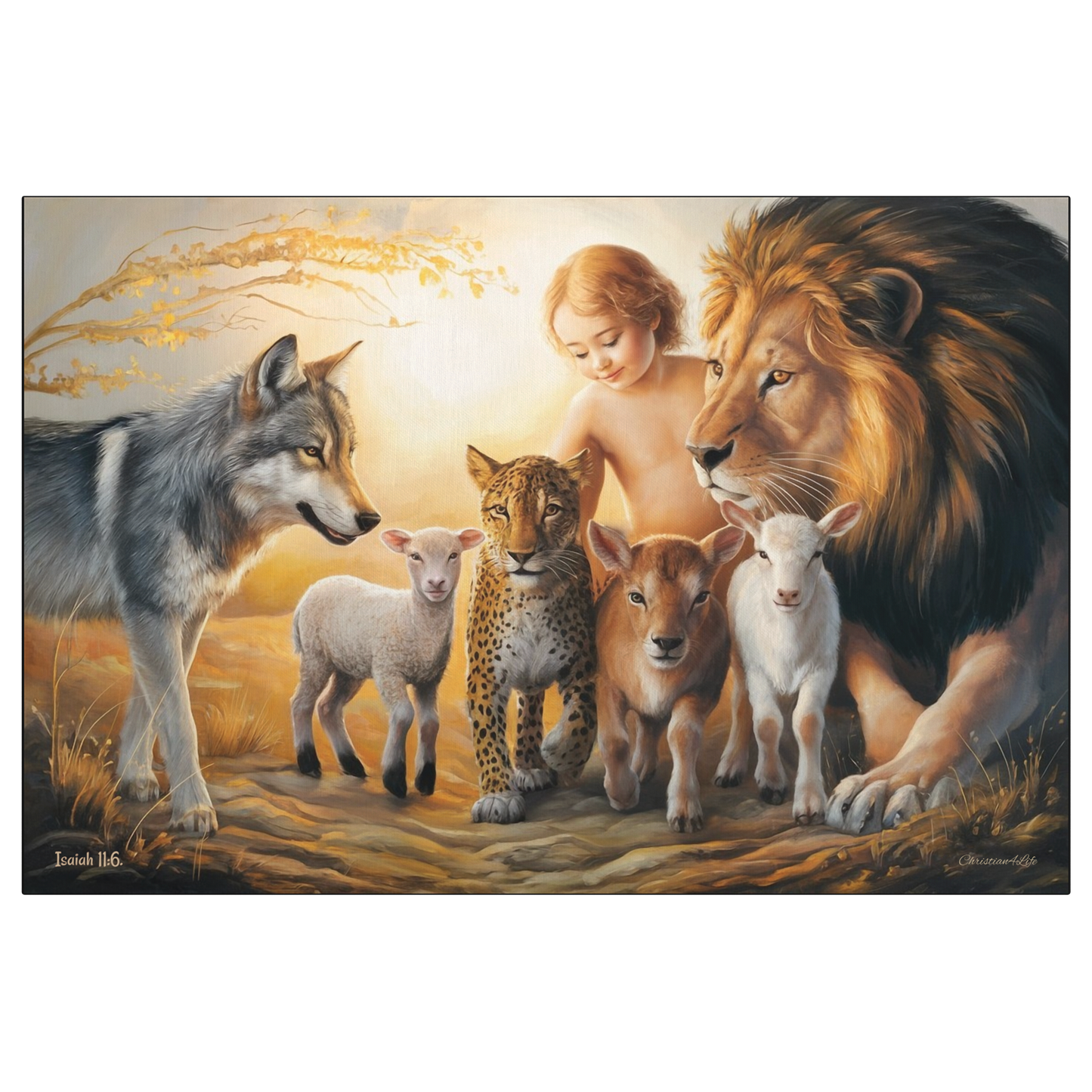 Painting of a child surrounded by a lion, wolf, leopard, and two sheep in a natural setting.