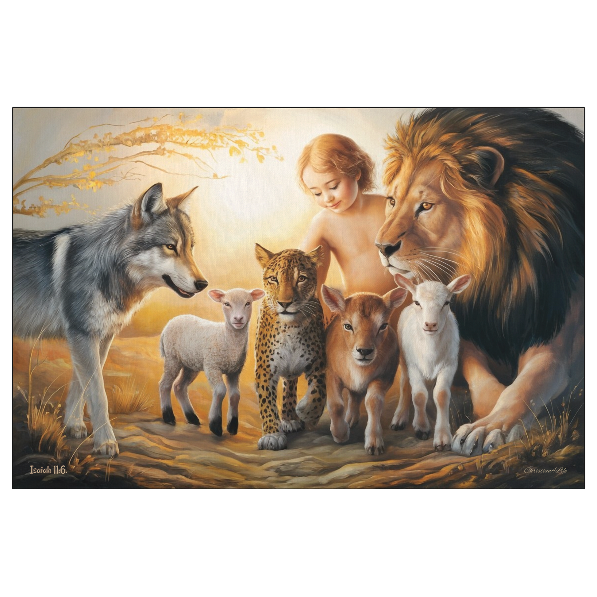 Painting of a child surrounded by a lion, wolf, leopard, and two sheep in a natural setting.