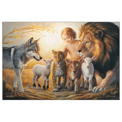 Painting of a child surrounded by a lion, wolf, leopard, and two sheep in a natural setting.
