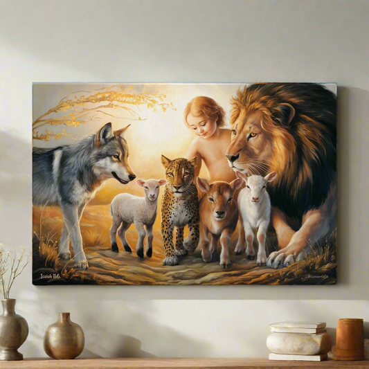 Canvas print of a diverse group of animals including a lion, wolf, and sheep on a wall.