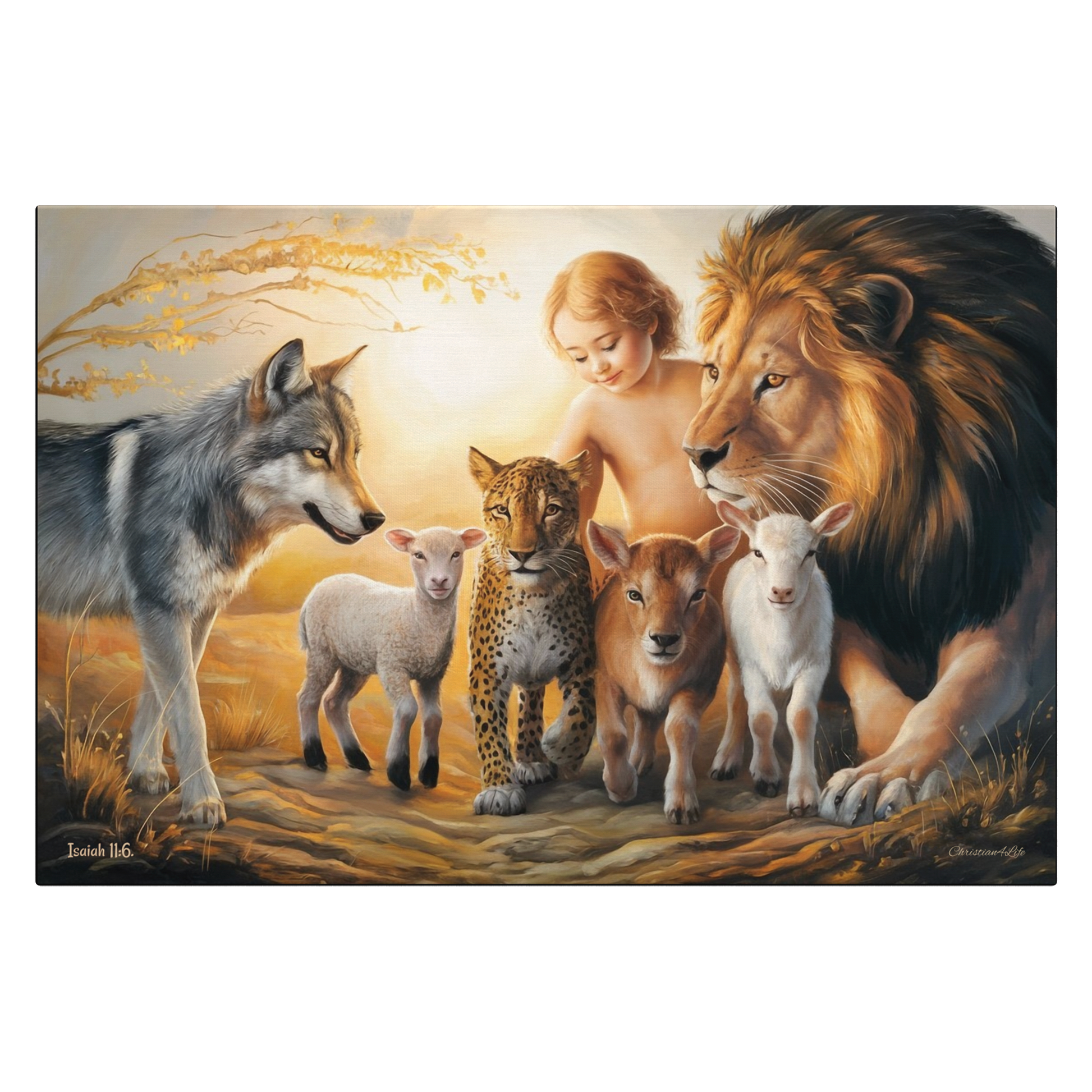 Painting of a child surrounded by a lion, wolf, leopard, and two lambs in a natural setting.