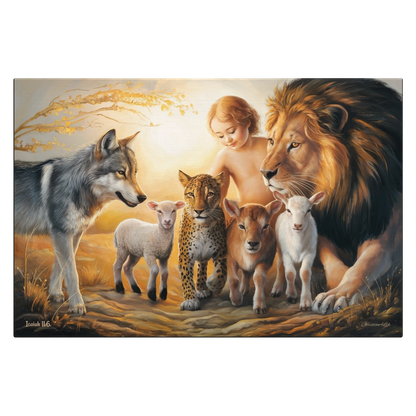 Painting of a child surrounded by a lion, wolf, leopard, and two lambs in a natural setting.