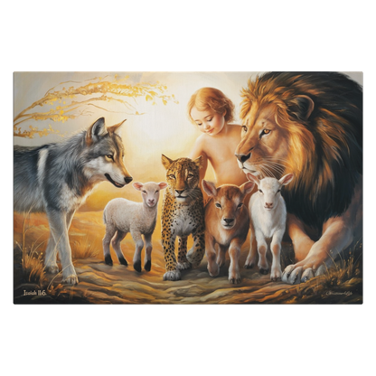 Painting of a child surrounded by a lion, wolf, leopard, and two lambs in a natural setting.