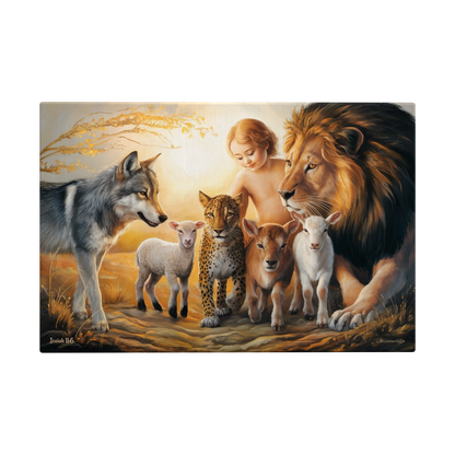 Painting of a child surrounded by a lion, wolf, and four animals in a natural setting.