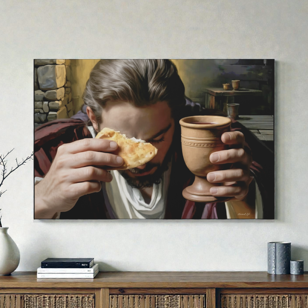 Painting of Jesus sharing bread and holding a cup on a wall above a wooden cabinet. Last Supper Canvas Art