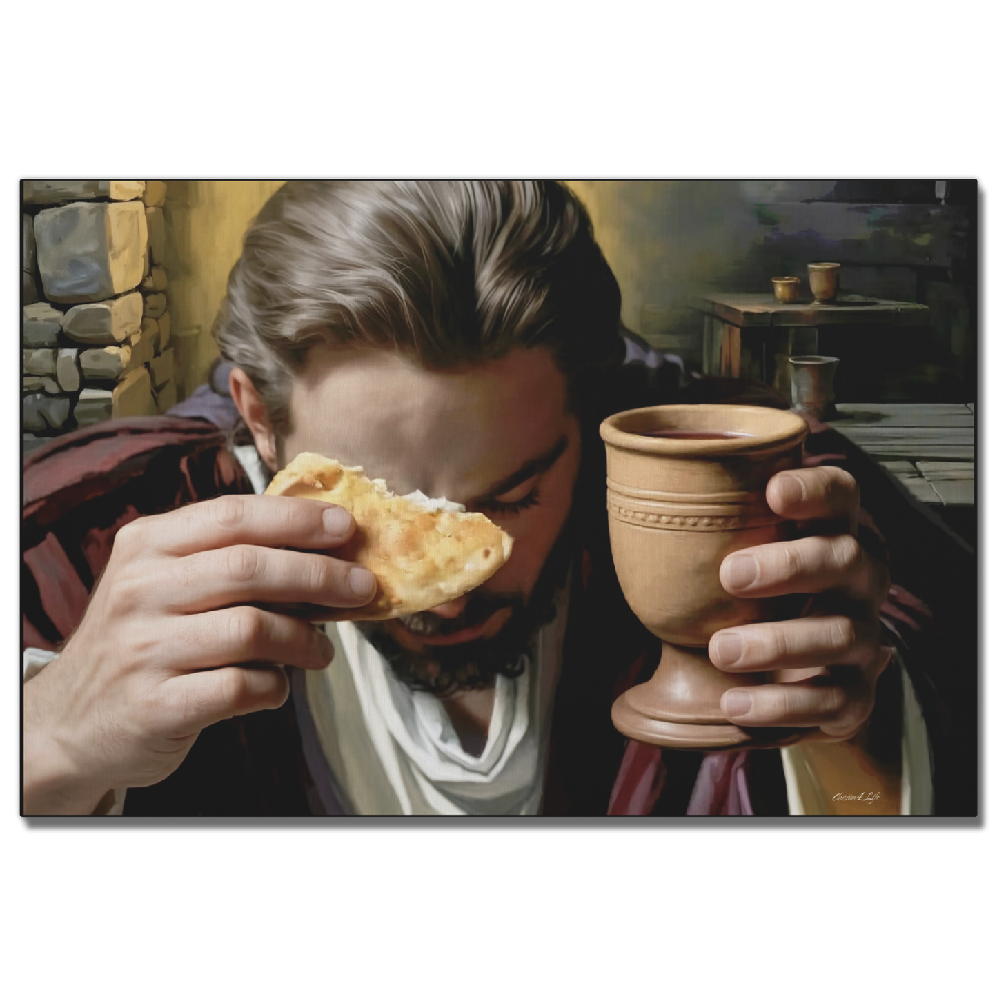 Artistic depiction of Jesus at last supper, holding bread and wine, with a stone wall and table in the background.