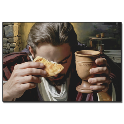 Artistic depiction of Jesus at last supper, holding bread and wine, with a stone wall and table in the background.
