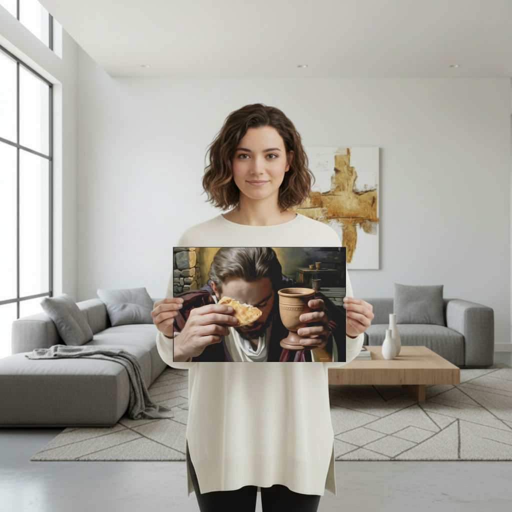 Woman holding a canvas of Jesus   in a modern living room.