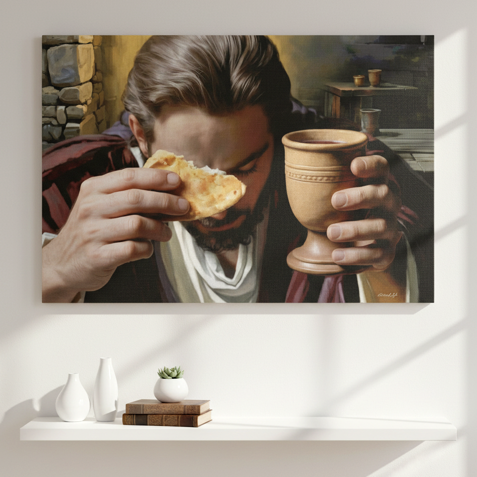 Artistic depiction of Jesus holding a piece of bread and a cup, with a shelf and decorative items in the foreground. Last Supper Canvas Art