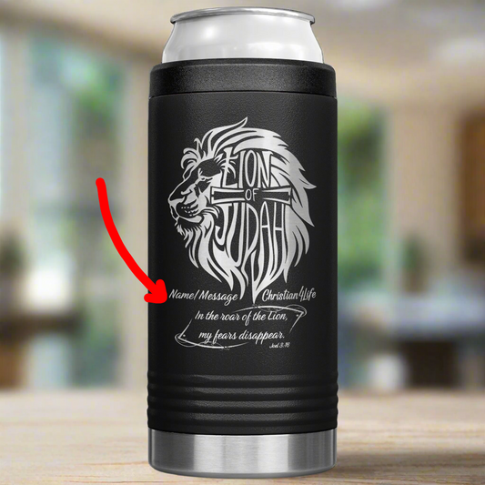 Lion of Judah, Joel 3:16,  Personalized 12oz coozie - stainless steel Insulated Christian Tumbler