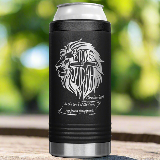 Lion of Judah, Joel 3:16,  Personalized 12oz coozie - stainless steel Insulated Christian Tumbler