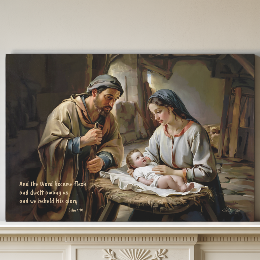 Painting of a Joseph and Mary holding baby Jesus with religious text below, on a wall.